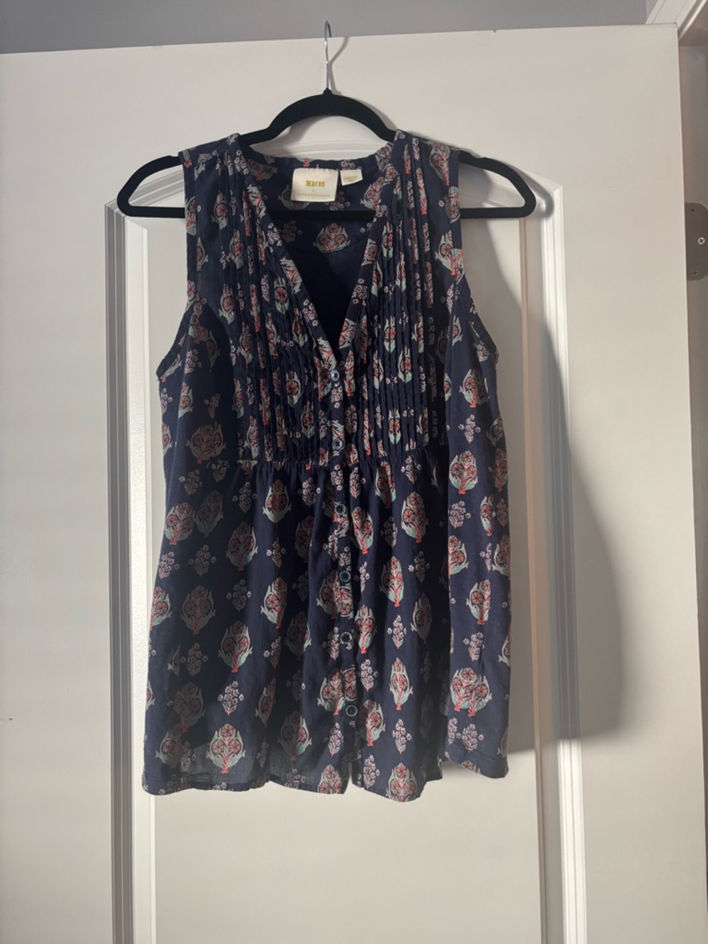Maeve Navy Floral Pintuck Sleeveless Top